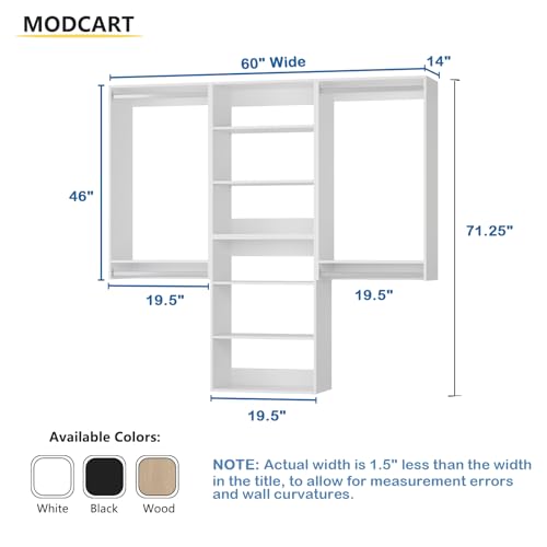 Modular Closet System, 60" Wide Closet Organizer System with Hanging and Towers, Wood Tower Closet Storage for Walk In Closets, Wall Mounted Wardrobe Organizer Kit System, Bedroom, White - color: White, size: 60" Wide, style: Double Hanging*2 + Shelf Towe