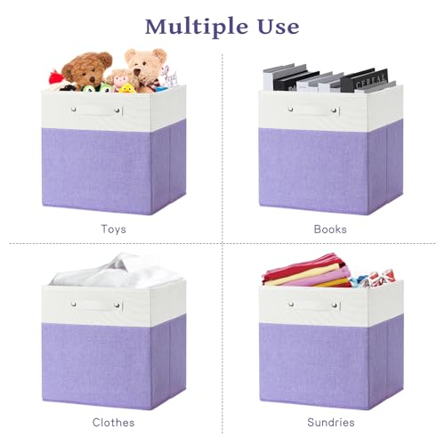 FinishingBo 13 x 13 Inch Fine Linen Storage Bins with Handles，Fabric Cube Boxs，Basket Organizers for Shelves for Home, Closet Drawers (White/Purple-4 Pack) - color: White/Purple-4 Pack