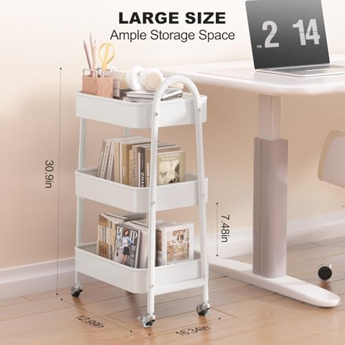 EAGMAK 3 Tier Rolling Cart Under Desk, Large Metal Storage Cart with Handle and Lockable Wheels, Big Multifunctional Storage Organizer Trolley for Kitchen, Living Room, Office, Garage (White) - color: White, size: Large