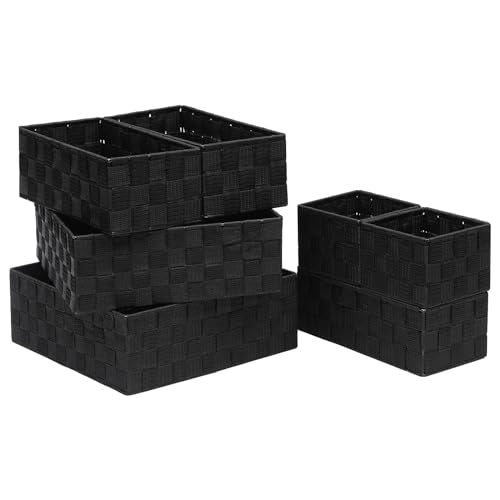 Storage Bins Woven Organizer Set of 7 – Polypropylene Storage Baskets with Metal Frame, Stackable Fabric Boxes for Drawers, Closet, Shelf, Nursery and Office, Black - color: Black, size: 7PCS-without lid