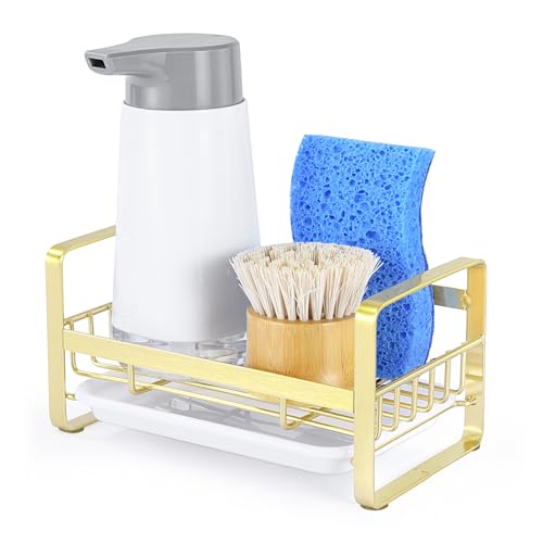 HULISEN Kitchen Sink Sponge Holder, 304 Stainless Steel Kitchen Soap Dispenser Organizer, Countertop Drainer with Removable Tray, not Including Dispenser and Brush, Gold - color: Gold, size: Medium