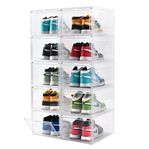 Large Shoe Boxes Clear Plastic Stackable，Drop Front Shoe Box with Clear Door, Shoe Containers For Sneaker Display,Fit up to US Size12 - color: clear, size: 10 pack