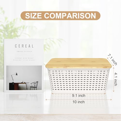 6Pcs Storage Bins with Lids, Stackable Plastic Storage Basket with Bamboo Lid, Pantry Organizer Box Small Containers for Organizing Shelves Drawer Desktop Closet Cabinet Office Classroom 10x7.1x4.1in - color: Cream White