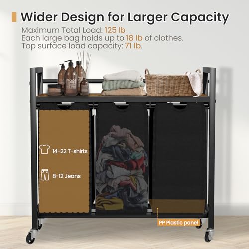 SwaaVee Laundry Hamper, Laundry Basket, Laundry Sorter with 3 Removable Bags, Clothes Basket with 3 Compartments, Wheels, Shelf for Laundry Room Bathroom Bedroom (3 Bags-Black) - color: 3 Bags-Black
