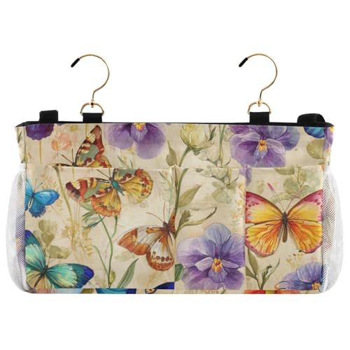 Bedside Caddy Metal Frame Hanging Organizer Bunk Bed Dorm Accessories Hook And Loop Storage Bag Large Pockets Cottagecore Beige Butterflies Flowers - color: Cottagecore Beige Butterflies Flowers