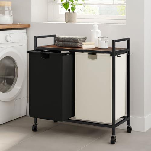 WOWLIVE Double Laundry Hamper with Lid,Rolling Laundry Basket Organizer with Wheels, Iron-Made Laundry Sorter with Top Shelf and 2 Removable Bags,Large Clothes Storage for Room,Black and Beige - color: Black and Beige, size: 110L (30.0 x 13 x 32 Inches)