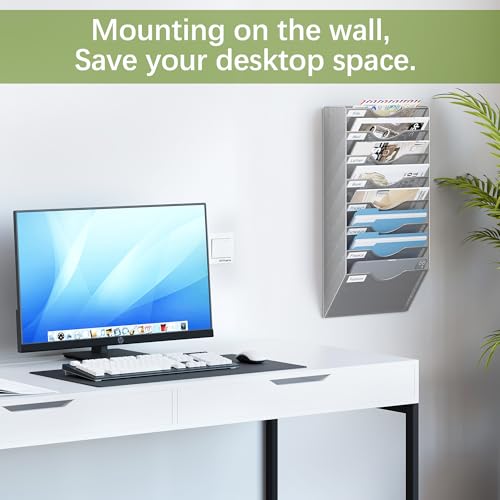 EasyPAG 8 Pocket Mesh Wall File Organizer, Hanging Paper Folder Holder with Classify Label, Vertical Wall Mount Mail Organizer for Office Home Classroom, Silver - color: Silver, size: 8 Tier