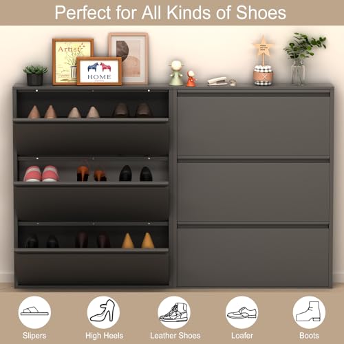 LUCYPAL Slim Shoe Cabinet,Metal Shoe Storage Cabinet for Entryway with 3 Flip Drawers,Narrow Wall Shoe Cabinet for Entryway,Hallway,Living Room,Black,Require Assembly - color: Black, size: 3 Drawers
