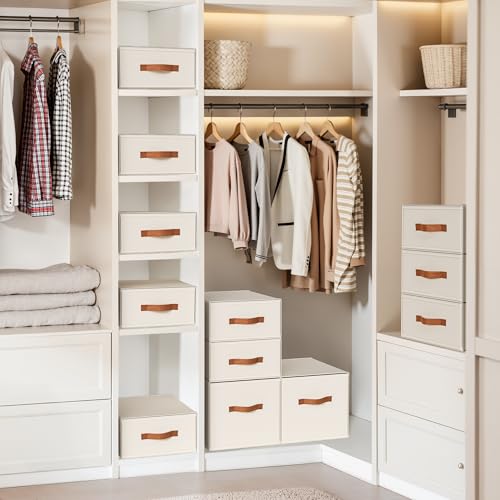 DIMJ Closet Organizers and Storage - Fabric Storage Bins with Drawers Stackable Closet Bins with Labels for Clothes, Sweaters, Bedding, Collapsible Storage Cubes for Bedroom, Living Room, Shelf - color: Beige, size: Large - 3 Pack