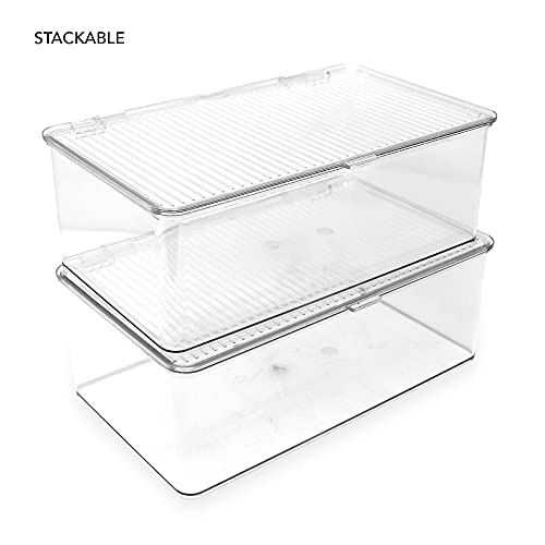 Isaac Jacobs Medium Stackable Organizer Bin (10.75”x6.5”x3.7”) w/ Hinged Lid, Clear Storage Box, Home, Office, School, Fridge, Bathroom, Kitchen, Pantry Container, BPA-Free, Food Safe (Medium, Clear) - size: Medium