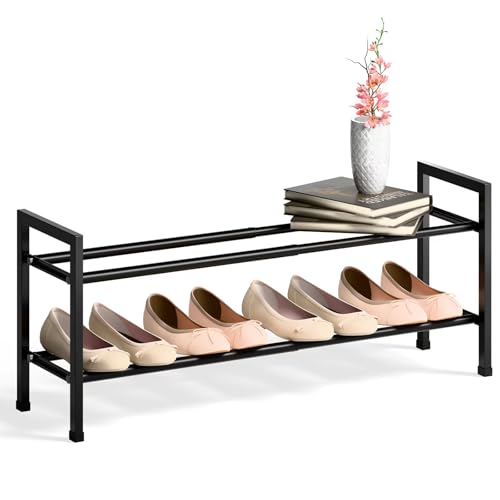 Bumusty 2 Tier Expandable Shoe Rack for Closet, 18“-33” Adjustable Shoe Rack for Small Space, Small Shoe Organizer for Front Door, Sturdy Metal, Black - color: Black, size: 2-Tier
