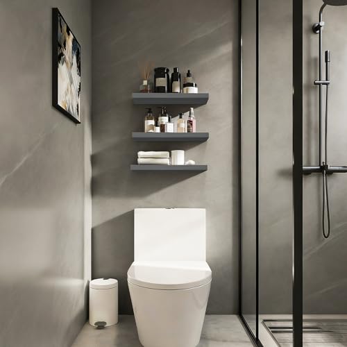 BAYKA Grey Floating Shelves for Wall, Set of 3, Wall Mounted Rustic Wood Shelves for Bathroom, Bedroom, Living Room, Kitchen, Small Hanging Shelf for Books/Storage/Room Decor, 15.7in - color: F. Grey - Industrial Edge Style, size: 15.7inches