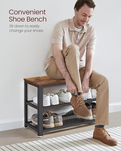 VASAGLE 3-Tier Shoe Rack, Shelf Storage Bench with Metal Mesh Shelves and Seat, Free Standing Shoe Organizer for Entryway, 11.8 x 28.7 x 17.7 Inches, Rustic Brown and Black ULBS73X - color: Rustic Brown + Black, size: 28.7"W x 17.7"H, style: Bench