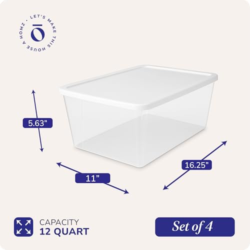 HOMZ 4-Pack Snaplock, Small Clear Plastic Storage Organizer Bins w/Lids, 12 Quart, White - Stackable Container Boxes for Bedroom, Bathroom, Garage, and Office Organization - color: White Lid, size: 12 QT (4 Pack)