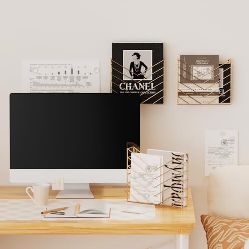 CROISSANT Black Wall Mounted File Organizer,Metal Magazine Basket, Concave Wall Mounted Magazine Rack, Suitable for Hanging File Folders for Office Living Room (Golden, 2 Pack) - color: Golden, size: 2 Pack