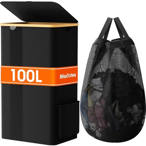 BlissTotes Laundry Basket with Lid, 100L Clothes Laundry Hamper with Handles and Removable Laundry Bag, Breathable Design Hamper with Lid for Bedroom, Bathroom, Dorm, Laundry Room - Black - color: Black, size: 100L