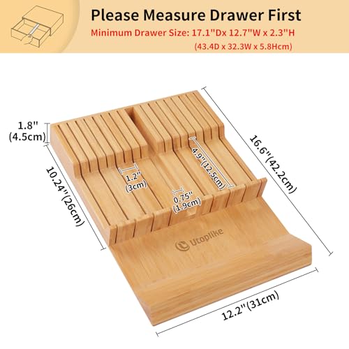 Utoplike In-drawer Knife Block Bamboo Kitchen Knife Drawer Organizer Large, handle Steak knife Holder without Knives, Fit for 16 Knife and 1 Sharpening Steel (Knives & Sharpening Not Included) - size: 16 Holder