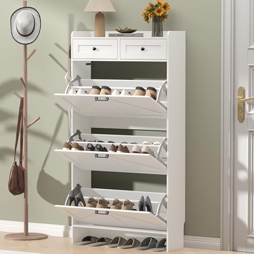 Thacuok Shoe Cabinet with 3 Flip Drawers & 2 Storage Drawers, Rustic Farmhouse Narrow Shoe Organizer Cabinet, Slim Shoe Rack Cabinet, Shoe Storage Cabinet for Entryway, Hallway, Front Door - color: White, size: 3 Drawers