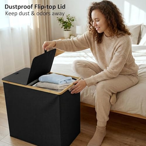 efluky Laundry Hamper with Lid, Double Laundry Hamper with 2 Removable Bags, 2 Section Laundry Basket with Bamboo Handles for Bathroom, Bedroom & Laundry Room, 140L (36.9 Gallon) Black - color: Black, size: 140L Dual