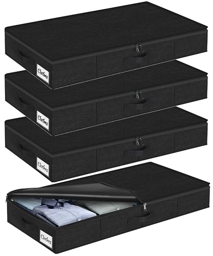 Under Bed Storage Container Bin 4 Pack, 4.5 Inch Slim Low Profile Underbed Clothes Storage Organizer for Dorm & Home, Use for Blanket and Toy Storage Box W/ Sturdy Bottom/Sides, Foldable Thick Fabric - color: Black-4 Pack, size: 4.5in-Slim