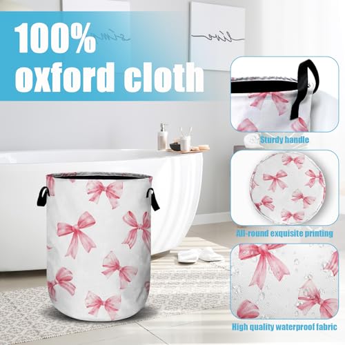 Pink Bow Laundry Basket, Laundry Hamper Collapsible Oxford Cloth with Handle Clothes Toy Storage Bin for Bathroom Laundry Room Bedroom 15.7 X 20 Inch - color: Pink Bow
