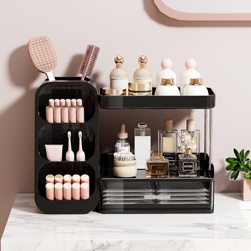 Makeup Organizer for Vanity with Brush Holder, 2 Tiers Countertop Skincare, Cologne Organizer and Perfume Stand for Men Bathroom Vanity, Large Capacity Makeup Storage, Black - color: Black+Clear, size: Large