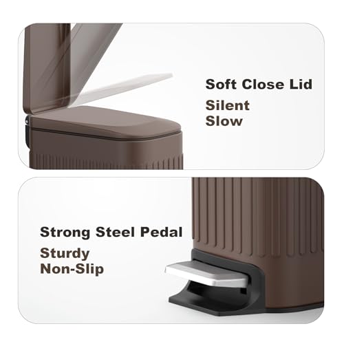 TrashAid Slim Bathroom Trash Can with Lid Soft Close, 6 Liter/1.6 Gallon Stainless Steel Small Garbage Can with Removable Inner Bucket, Step Pedal, Slim Wastebasket for Toilet, Office, Bedroom, Brown - color: Brown