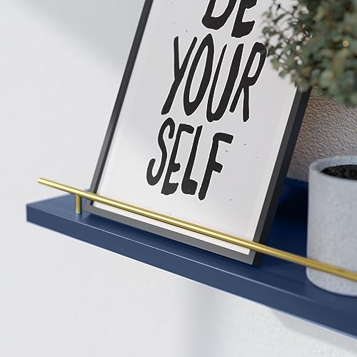 WOPITUES Floating Shelves with Gold Metal Guardrail, Shelves for Wall Decor Set of 3, Wall Shelves for Bedroom, Bathroom, Kitchen, Living Room, Plants, Picture Frames, Art- Gold in Navy Blue - color: Gold in Navy Blue, size: 15.7 inch