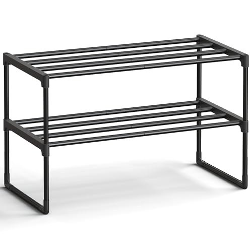 SONGMICS Shoe Rack, 2-Tier Shoe Organizer, Metal Storage Shelf, Upright or Upside Down, for 6-9 Pairs, Stackable, for Entryway, 11.8 x 26.8 x 14.6 Inches, Black ULSA202B01 - color: Black, size: 2 Tiers (26.8"W)