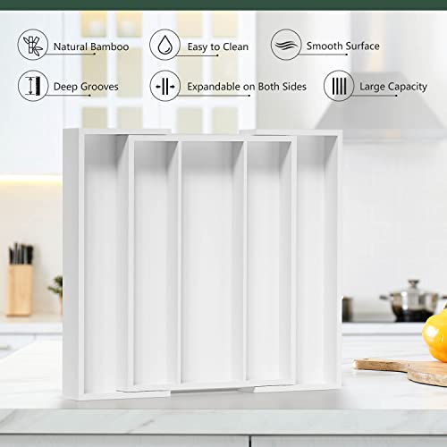 Utensil Organizer for Kitchen Drawers - Bamboo Silverware Tray Expandable 5 Slots Drawer Organizer for Office and Pantry Supplies W13.7-19.9" x L17.6 X H2.5 (White) - color: White