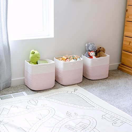 NaturalCozy Storage Cubes 11 Inch Cotton Rope Woven Baskets for Organizing, 3-Pack | Cube Storage Bin | Square Storage Baskets for Shelves Organizer, Classroom, Kids Toy Bins, Closet, Baby Nursery - color: Off White & Mixed Pink