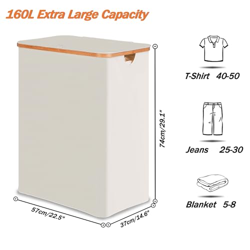 efluky Laundry Hamper with Lid, Trio Laundry Hamper with 3 Removable Bags, 3 Section Laundry Basket with Bamboo Handles for Bathroom, Bedroom & Laundry Room, 160L Beige - color: Beige, size: 160L Trio