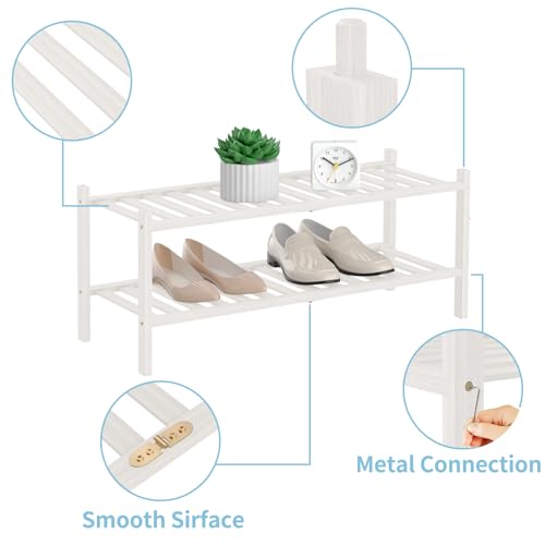 RONGJlA 2 Tier Bamboo Shoe Rack for Closet Free Standing Wood Shoe Shelf Storage Organizer for Entryway Small Space Stackable, White - color: White, size: 2-Tier-Regular