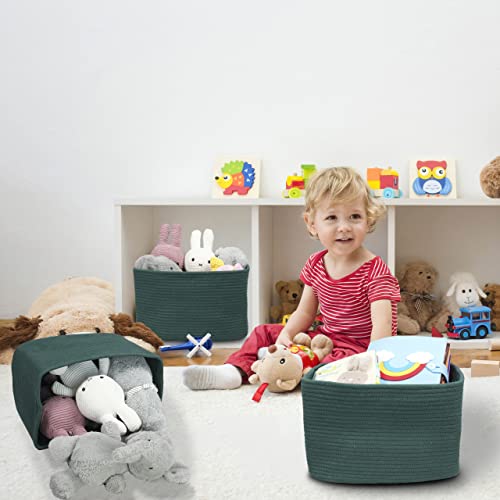 Cotton Rope storage Basket Bins15X10X9.3“ Basket for Organizing Shelves Rectangle Decorative Baskets For storage Clothes Toys Books Towels Square Wicker Nursery basket organizer 3 pack Dark green - color: dark green