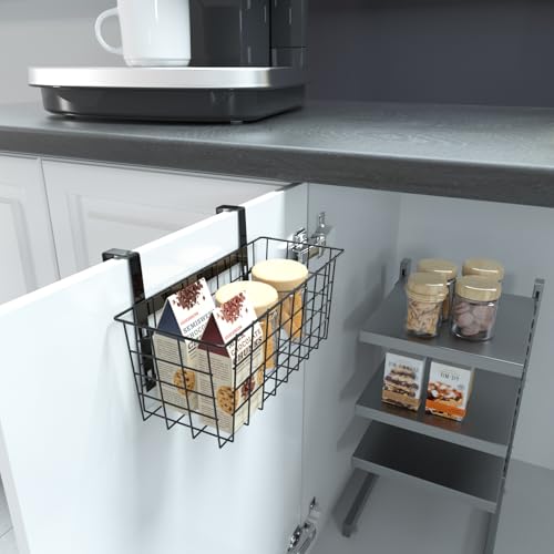 MaraFansie Basket with Hook, Grid Storage Basket, Over the Cabinet Door Organizer, Wire Hanging Basket with Hook Over the Railing, Under Sink Kitchen Cabinet, Pantry, Bathroom, Black, 2 Pack - color: Black, size: 2 PACK
