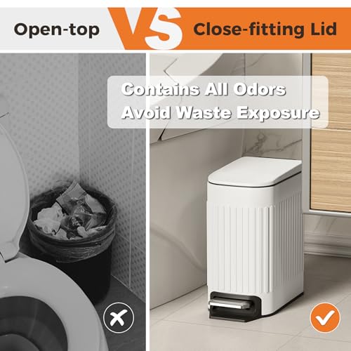 TrashAid Slim Bathroom Trash Can with Lid Soft Close, 6 Liter/1.6 Gallon Stainless Steel Small Garbage Can with Removable Inner Bucket, Step Pedal, Slim Wastebasket for Toilet, Office, Bedroom, White - color: White