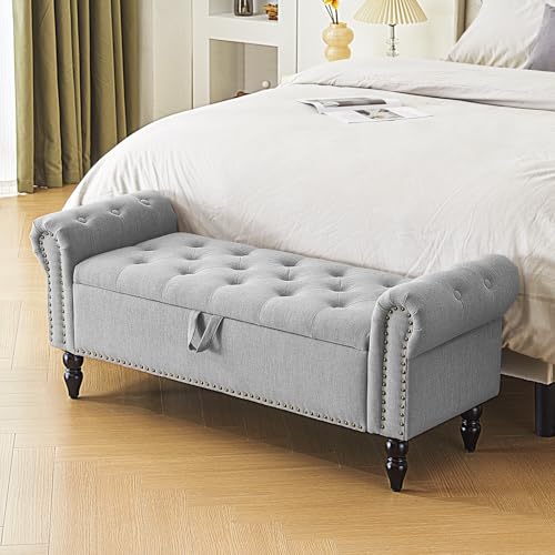 Furnimart Storage Ottoman Bench for Queen Size Bed, Faux Linen Upholstered Storage Bench Accent Bench with Rolled Arms for Bedroom,Living Room, Entryway, 2.5Cubic Feet - color: Faux Linen Light Grey