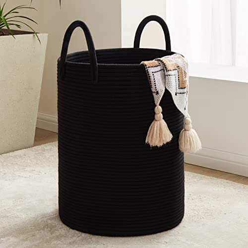 Woven Rope Laundry Basket, 58L Tall Laundry Hamper for Blanket Storage, Large Baby Nursery Basket for Laundry, Decorative Clothes Hamper for Bedroom, Living Room and Bathroom, Black - color: Black, size: Tall(58L)