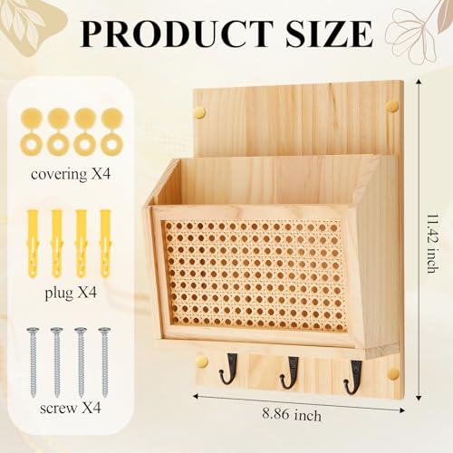 Rattan Mail and Key Holder Wall Mounted, Wood Magazine Mail Sorter Rack Wall Organizer with 2 Slots 3 Hooks for Coat, Dog Leash, Decorative Key Rack for Entryway,Living Room(Natural)