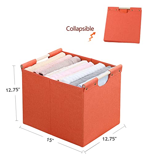HOONEX Large Collapsible Storage Bins, Linen Fabric, Pack of 2, Storage Baskets with Wooden Carry Handles and Sturdy Heavy Cardboard, for Home, Office, Car, Nursery, Orange - color: Orange