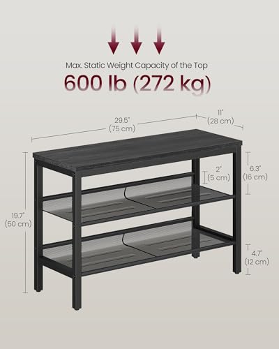 VASAGLE 3 Tier Shoe Rack Bench, One Piece Shelves, Shoe Storage Organizer with Raised Edges, Industrial Style, Easy Assembly, 11 x 29.5 x 19.7 Inches, Charcoal Gray and Matte Black ULSB070BA01S - color: Charcoal Gray + Matte Black, size: 29.5"W