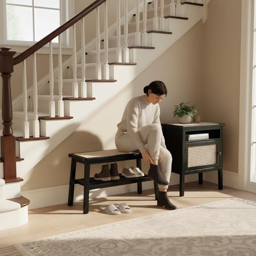 ROCITY Black Rattan Entryway Bench Wood Bench with Shoe Rack 30 Inch Small Bench Seat Storage Indoor Wooden Dining Bench Farmhouse Vintage Rustic Accent Bench for Porch/Dining Room/Living Room - color: Black