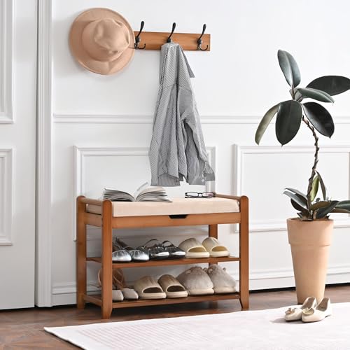 Shoe Storage Bench with Coat Rack, 27.6in Hall Tree Shoe Rack, 3-Tier Bamboo Entryway Bench Holds Up to 330lb for Bedroom Hallyway - size: 27.6in with Hooks