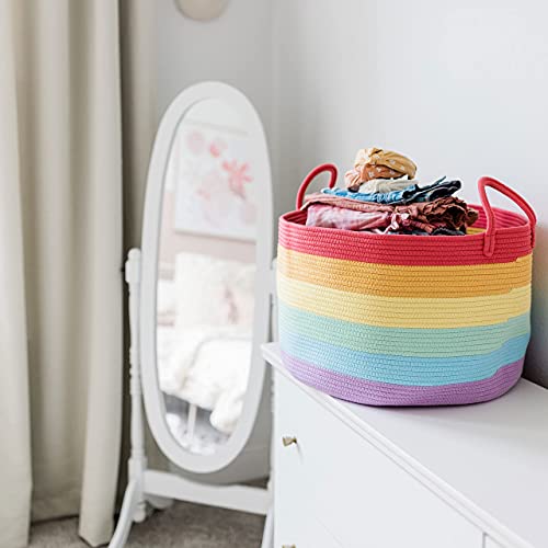 OrganiHaus Rainbow Blanket Basket for Classroom & Nursery, Extra Large Woven Laundry Basket w/Handles, Kids Toy Organizer & Storage, Soft Round Dog Toy Storage Bin, Cute Bin - 20"x13" in - color: Rainbow, size: Wide