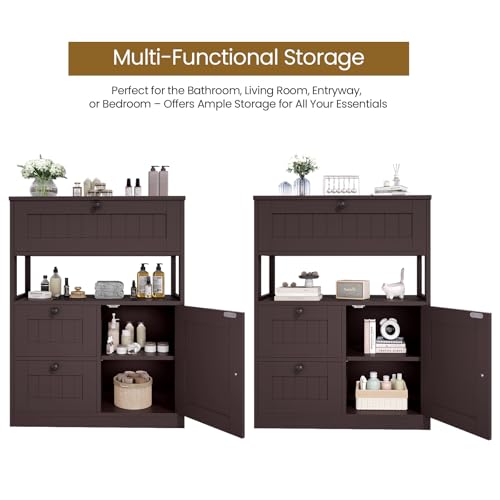 GRUSIGN Bathroom Cabinet, Modern Bathroom Floor Storage Cabinet Organizer with 1 Door and 3 Drawers, Freestanding Cupboard for Kitchen/Living Room Use - color: Brown2