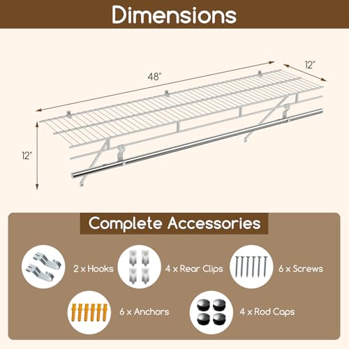 COSTWAY Closet Shelves Wall Mounted, Closet Shelf with Hanging Rod, Ventilated Metal Wire Shelving Kit, Wire Wall Shelf for Laundry Room, Bedroom, Home, Mounting Accessories Included (4 ft x 12 in) - size: 4 ft x 12 in