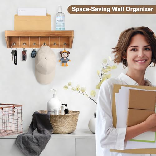 Key Holder for Wall with Mail Organizer - 12.8 Inch Wall Mounted Key Rack with 6 Key Hooks & Floating Shelf, Wooden Key Hanger for Entryway, Hallway, Kitchen, Farmhouse Home Decor (Brown)