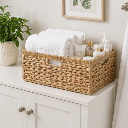 Large Wicker Basket, 15" Water Hyacinth Wicker Storage Baskets for Organizing, Rectangular Storage Baskets for Shelves, Rattan Woven Basket with Built-in Handles, 1 Pack (Natural, Large) - size: 15"L x 11"W x 6 ¾"H