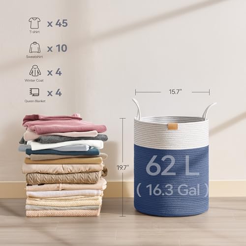 Nunsino Laundry Hamper 62L,Large Laundry Basket for Clothes,Decorative Storage Basket for Blankets,Cotton Rope Woven basket for bedroom,Navy Blue - color: Navy Blue, size: 62L/16.3Gal