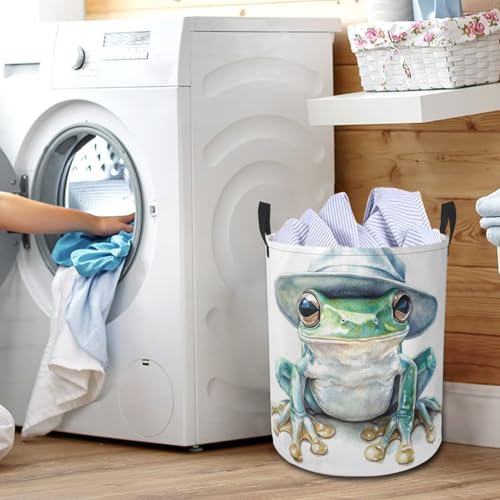 Green Frog Laundry Basket Funny Foldable Laundry Hamper with Handles Clothes Storage Bin for Household Bedroom Bathroom Dorms 17.3"x13.6" - color: Green Frog